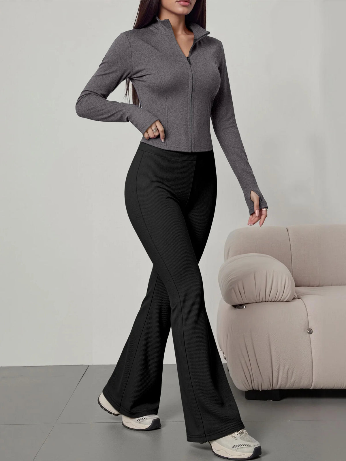 European American Women Ribbed Knit Two Piece Set, Long Sleeve Zip Top With High Waist Flare Pants, Casual Slim Daily Outfit
