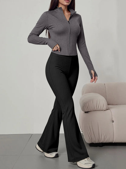 European American Women Ribbed Knit Two Piece Set, Long Sleeve Zip Top With High Waist Flare Pants, Casual Slim Daily Outfit