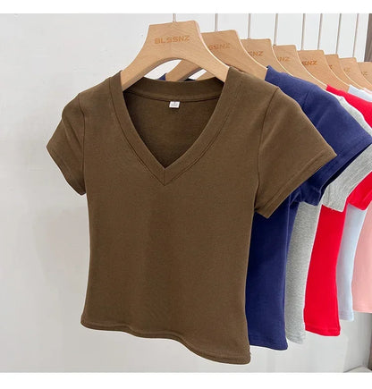 Summer Sexy V-neck Slim T Shirt Women Cotton Basic Solid Crop Tops Female Casual Tops Short Sleeve T-shirts 2026