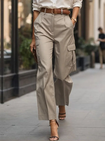 Bonboho Women's Khaki High Waist Cargo Pants 2026 Summer New Pockets Casual Cropped Trousers Female Commuter Pants Daily Bottoms