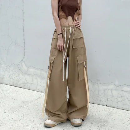 High Quality 2025 Cotton High Street Cargo Pants for Women Men with Ribbon High Waist Wide Leg Hip-hop Cool Dances Pants Ladies