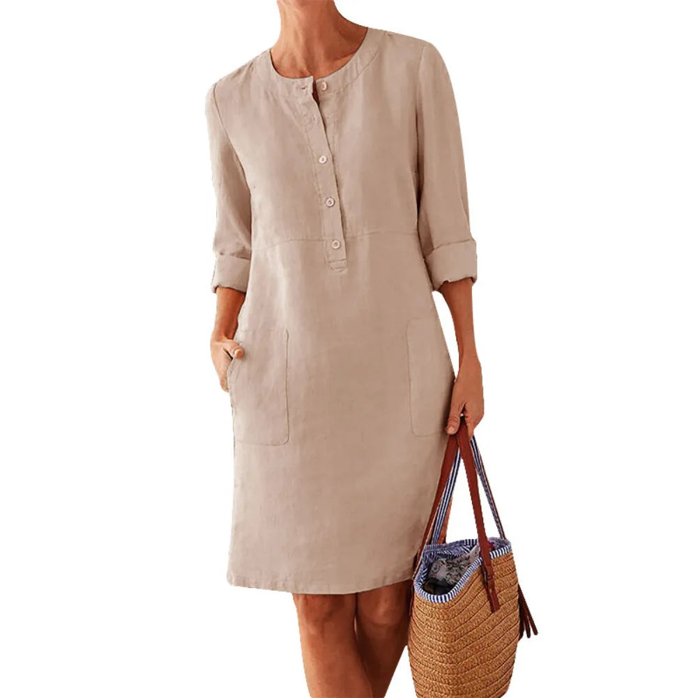 Women's Cotton Linen Tunic Dress – Vintage Long-Sleeve Oversized Mini Dress