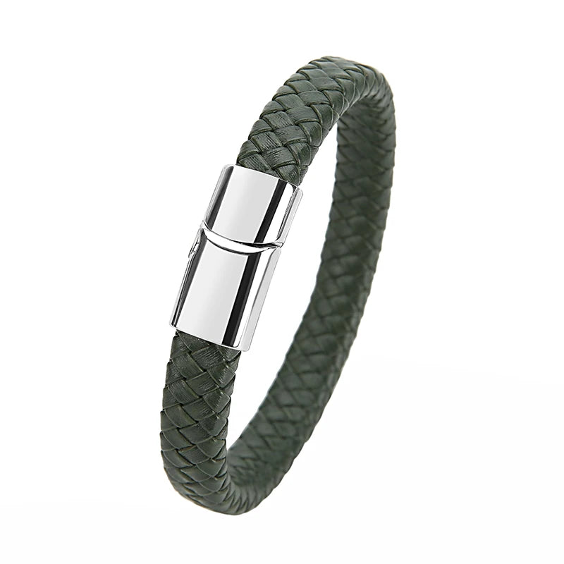 Mibrow Braided Black Leather Men Bracelet 10x5 12x6mm Size Fashion Metal Magnetic Clasp Wrap Bracelets Punk Charm Men Jewelry
