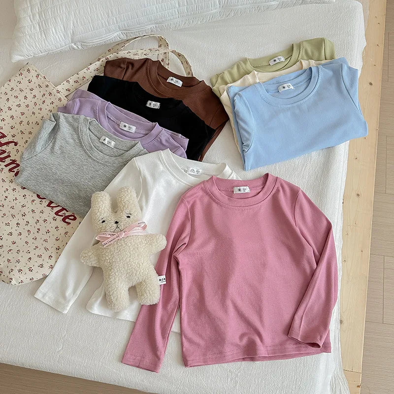 9 Colors Children's T-shirt Cotton Long Sleeve Solid Color Base Coat Leisure Wear Boys Girls Tops Kids Clothes
