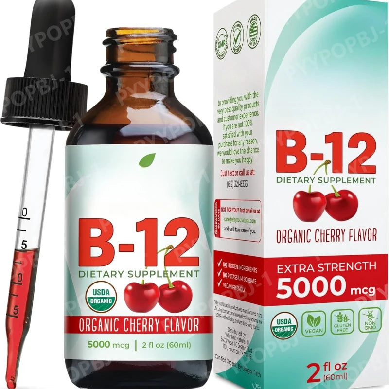 Vitamin B12 Drops 5000mcg Methylcobalamin Liquid Sublingual Supplement Cherry Flavor Vegan Sugar Free Daily Nutrition 60ml