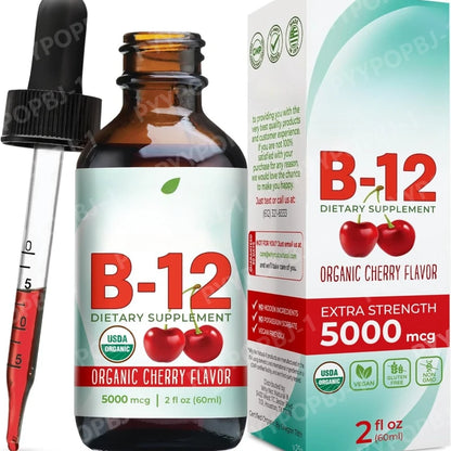 Vitamin B12 Drops 5000mcg Methylcobalamin Liquid Sublingual Supplement Cherry Flavor Vegan Sugar Free Daily Nutrition 60ml
