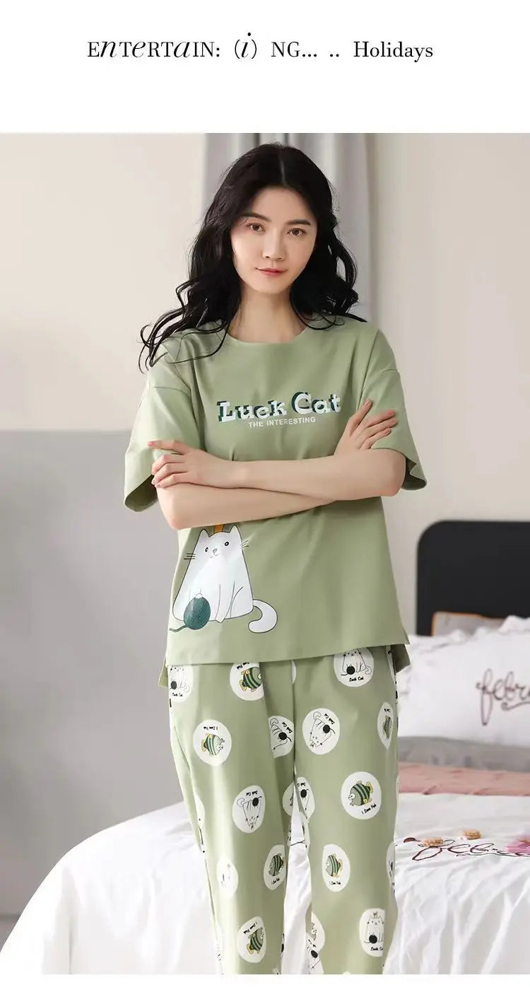 Women Pajamas Sets Plus Size Summer Silk Sleepwear Ladies Thin Short-Sleeved Seven Pants O-Neck Casual Cat Home Wear Night Wear