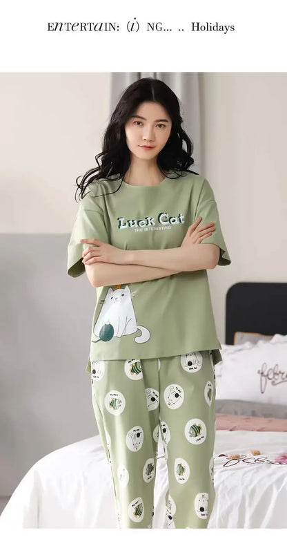 Women Pajamas Sets Plus Size Summer Silk Sleepwear Ladies Thin Short-Sleeved Seven Pants O-Neck Casual Cat Home Wear Night Wear