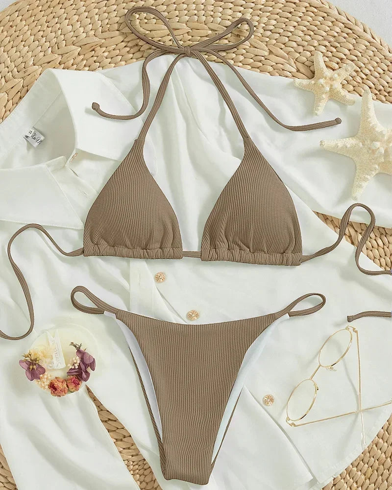 Sexy Women Thong Solid Color Bikini Set Side Halter Tie Swimsuit Ladies Split Strap Adjustable Brazilian Swimwear Beachwear