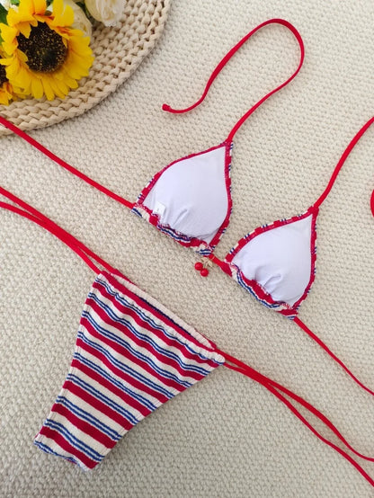 Sexy Thong Bikini - Micro Bikinis Two Piece Swimwear Set | Striped Print Beach Bathing Suit