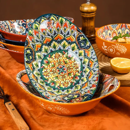 Bohemian Ceramic Salad Bowl Set - Microwave Safe Stackable Oval Plates with Handle 2PCS
