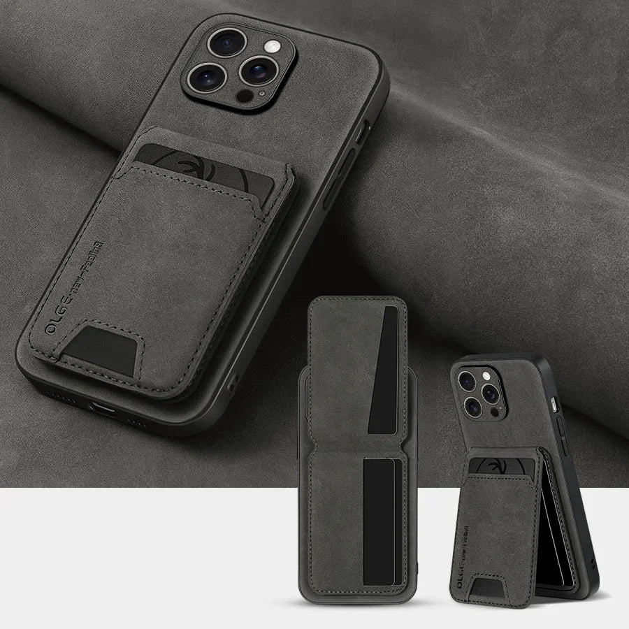 Luxury leather card holder phone case For iPhone 17 16E 16 17 15 14 13 11 Pro max wallet card bag leather shockproof back cover
