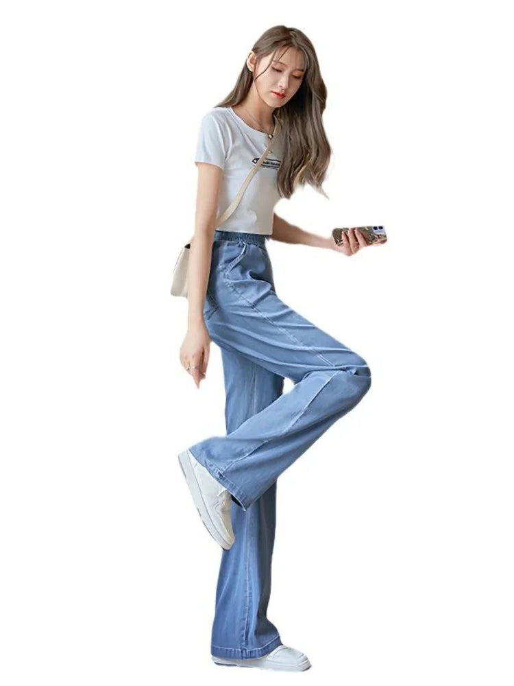 Summer Thin Soft Silk Loose Straight Leg Jeans Women's High Waist Wide Leg Pants Comfortable Breathable Casual Trousers