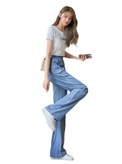 Summer Thin Soft Silk Loose Straight Leg Jeans Women's High Waist Wide Leg Pants Comfortable Breathable Casual Trousers