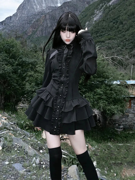 Y2K Lolita Dress - Gothic Mini Patchwork Lace Vintage Black Ruffle Slim Fit