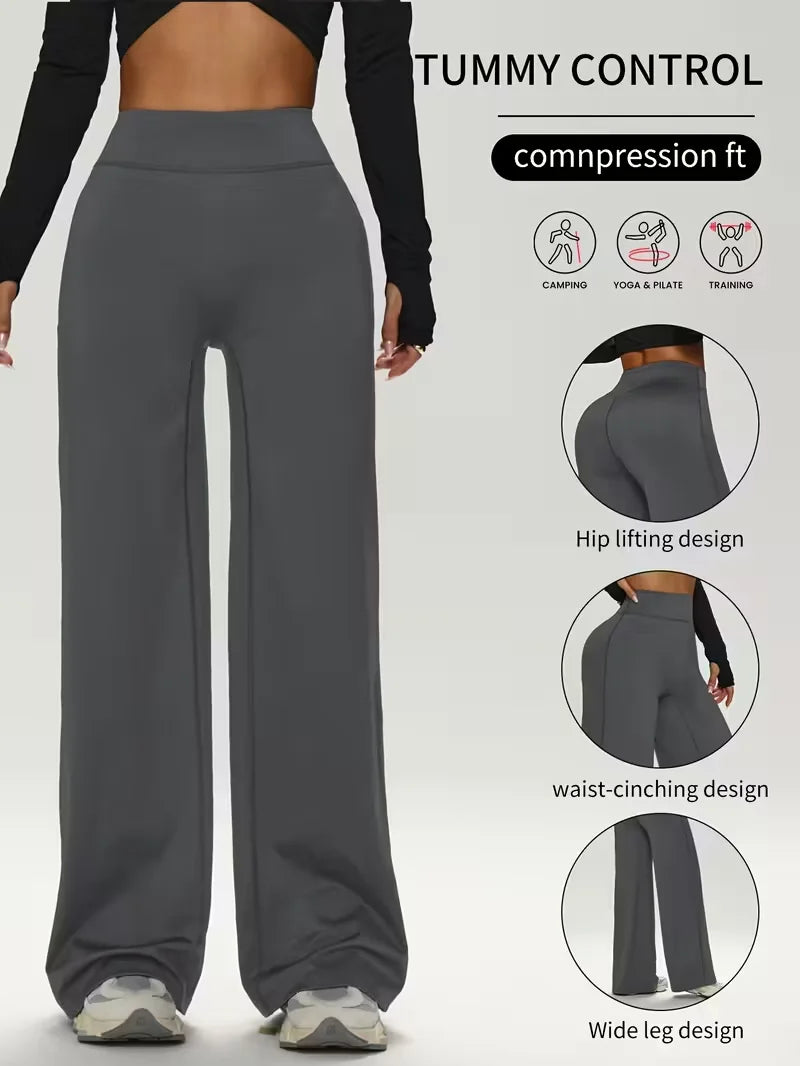 Ladies High-Waist Butt-Lifting Wide Leg Yoga Pants Soft Elastic Straight Fitness Trousers Skin-Friendly High Elasticity