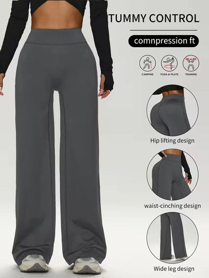 Ladies High-Waist Butt-Lifting Wide Leg Yoga Pants Soft Elastic Straight Fitness Trousers Skin-Friendly High Elasticity