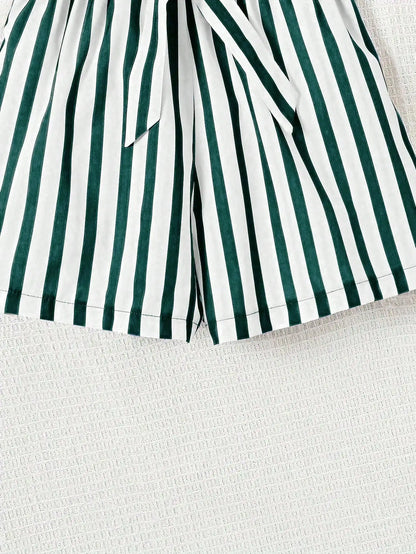 Women's casual daily short sleeved love printed+striped printed shorts 2-piece set with random belt striped children's clothing