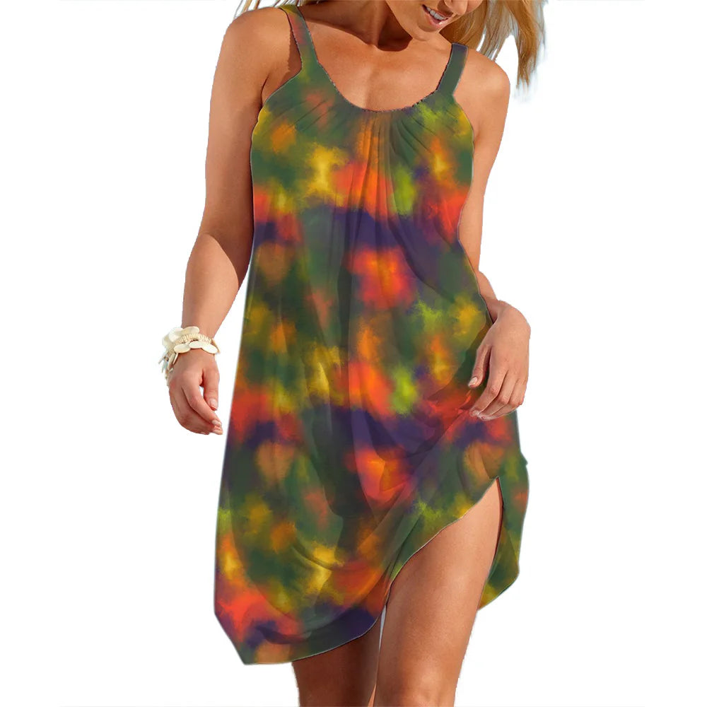 A-Line Slip Dress - Women's Tie Dye Casual Summer Dress With Bow Neckline