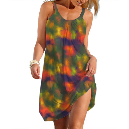 A-Line Slip Dress - Women's Tie Dye Casual Summer Dress With Bow Neckline