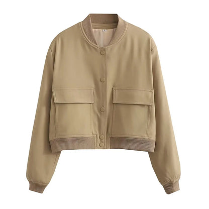 Women Bomber Jacket - Solid V Neck Single Breasted Polyester Coat With Pockets