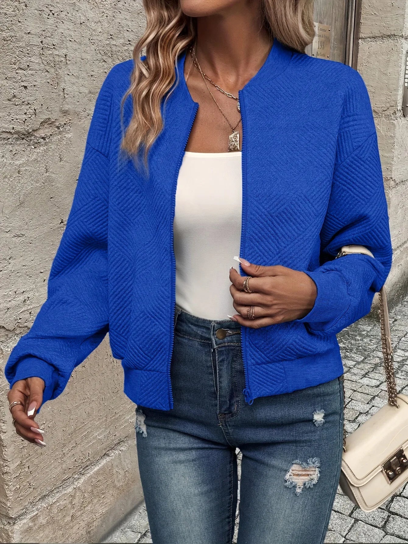 Women's Casual Zipper Jacket - Polyester Spandex Knit Fabric Spring Autumn Coat