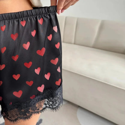 Women's Satin Sleep Shorts – Heart-Print Lace Lounge Shorts