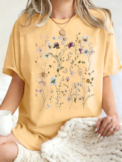Beautiful Flower Clusters Printing Woman T-Shirt Summer Oversized Short Sleeve O-Neck Cotton T Shirts Y2K Women Sports Tops