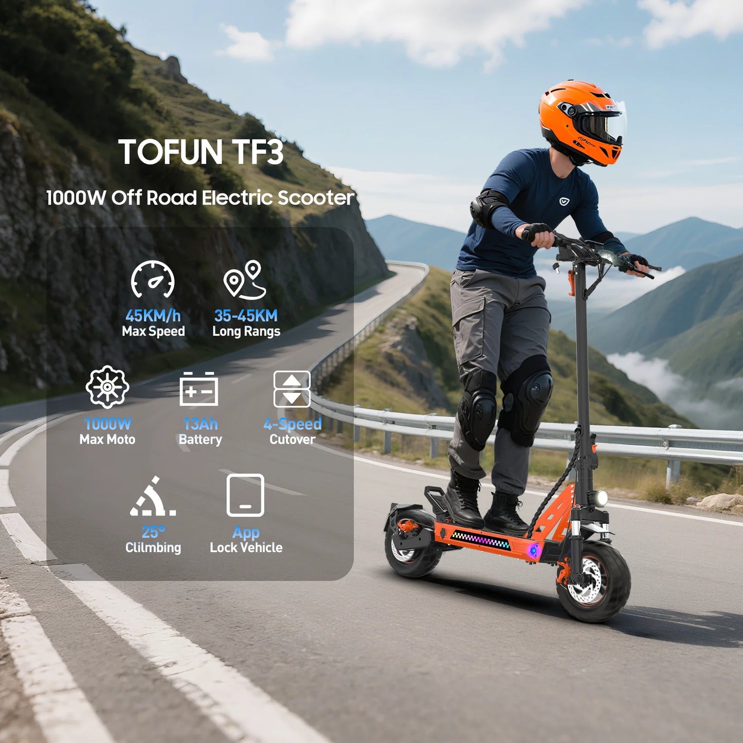 TOFUN TF3 Electric Scooter 1000W Motor 48V13Ah Battery Adult Sport Road Mountain E-Scooter 10Inch Tires Snow Foldable EScooter