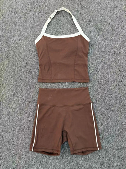 Fashion Patchwork Skinny Shorts Set Gym Women Workout Clothing Summer Sleeveless Backless Fitness Sport Suit Women Sportwear Red
