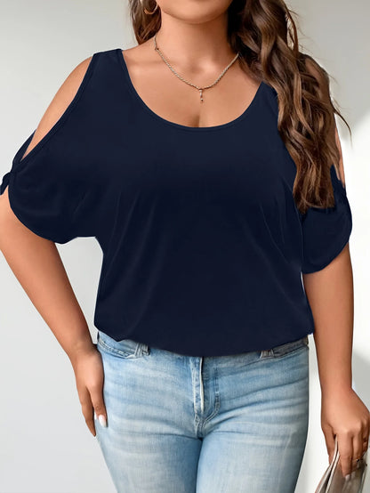 Plus Size Cold Shoulder Top - Elegant Black Tee With Trendy Cutouts & Curvy Fit