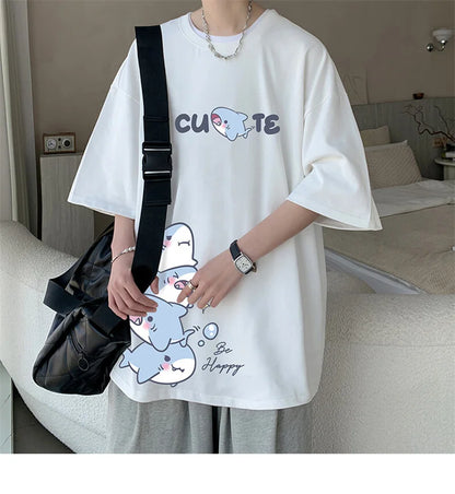 Men's Cotton T-shirts White Men Oversized T Shirt Anime Shark Print Summer Casual Wear 5XL Tee Shirts Big Size Male Clothes