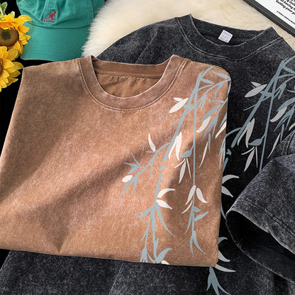 Acid Washed T-Shirt - Men's Streetwear Tee With Bamboo Leaf Print | Oversized Loose Fit