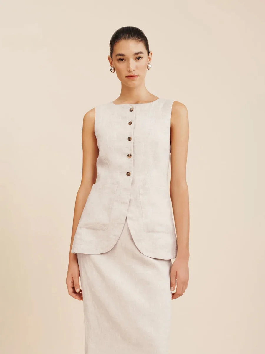 Bornladies Women's Sleeveless Vest High Waisted Skirt Set Spring Summer New Linen Casual Suit Fashion Office Lady Vest Set
