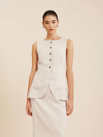Bornladies Women's Sleeveless Vest High Waisted Skirt Set Spring Summer New Linen Casual Suit Fashion Office Lady Vest Set