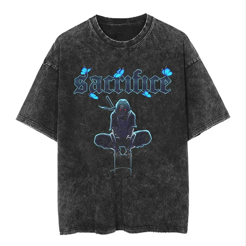 Men Streetwear Tshirt Japanese Naruto Anime Graphic T-Shirt Cotton Harajuku Washed T Shirt Summer Hip Hop Tops Tees Black