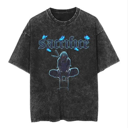 Men Streetwear Tshirt Japanese Naruto Anime Graphic T-Shirt Cotton Harajuku Washed T Shirt Summer Hip Hop Tops Tees Black