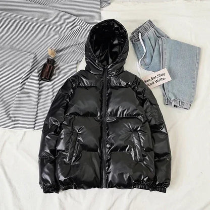 Streetwear Fashion Bright Silver Puffer Jackets for Men Thicken Winter Mens Coats Casual Hooded Cotton Wadded Heated Jacket Men
