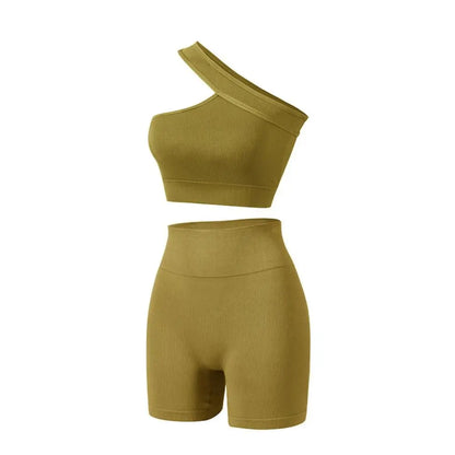 2Pcs Reusable Seamless Women Workout Sets High Waist One Shoulder Active Wear Ribbed Tank Tops Yoga Outfits Fitness