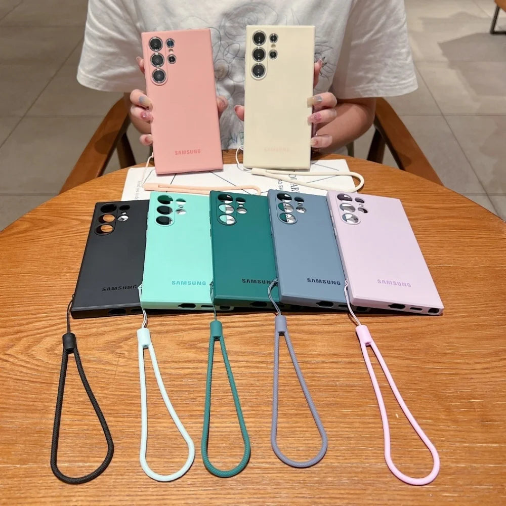 Original Wrist Strap Silicone Soft Case For Samsung S26 Ultra S24 S25 S23 Ultra Plus S25 FE Case Lens Protection Thickened Cover