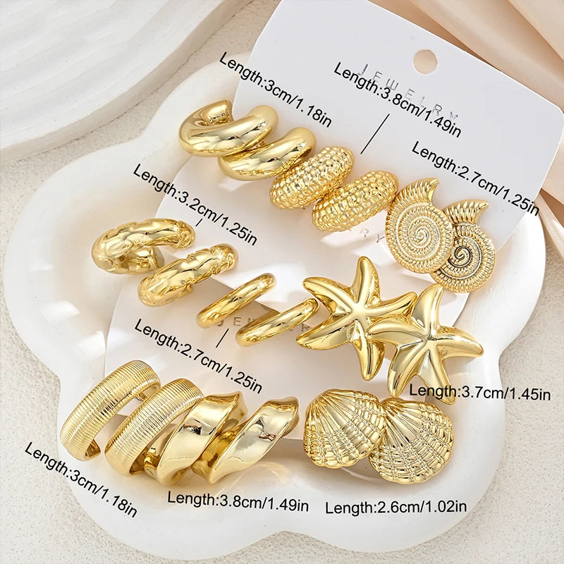 18-Piece Ocean Earring Set – Gold Starfish, Shell & Conch Hoops