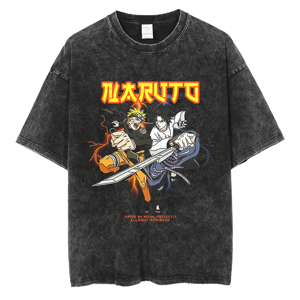 Men Streetwear Tshirt Japanese Anime Naruto Graphic T-Shirt Cotton 2026 Harajuku Washed T Shirt Summer Hip Hop Tops Tees Black