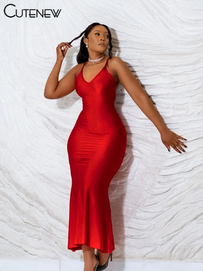 Red Spaghetti Strap Maxi Dress - Sexy Backless Ruched Body Shaping Dress Women