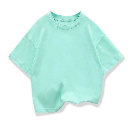 Kids Dropped Shoulder Short-sleeved T-shirt Summer New Pure Cotton Round Neck Loose Bottoming Shirt Student Sportswear 2-10Y