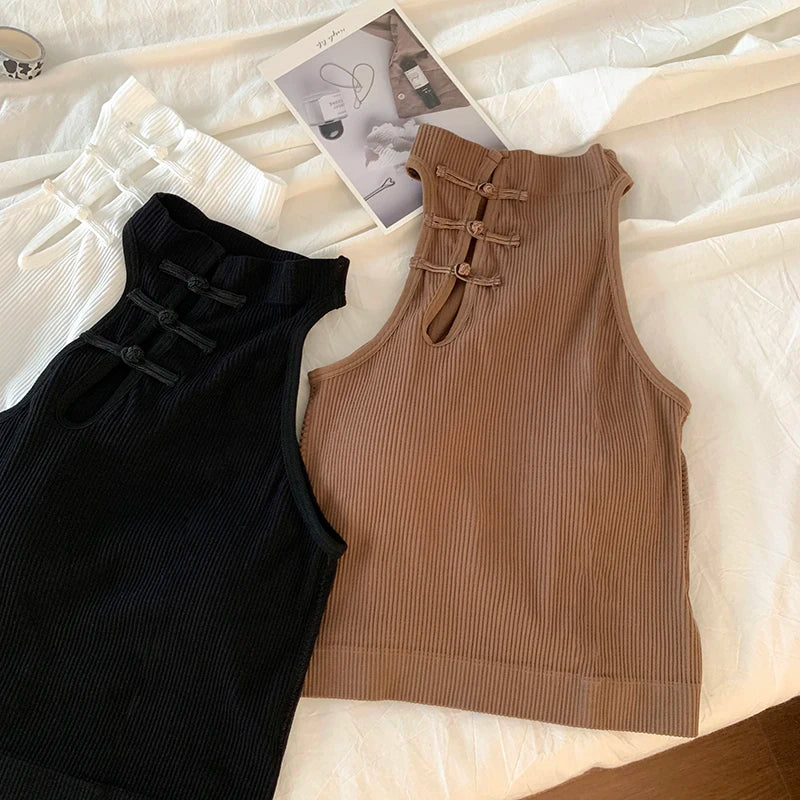 ITOOLIN Elegant Women Chinese Button Tank Tops With Bra Pad O-Neck  Sleeveless Tank Tops For Women Sexy Crop Tops All-Match 2024