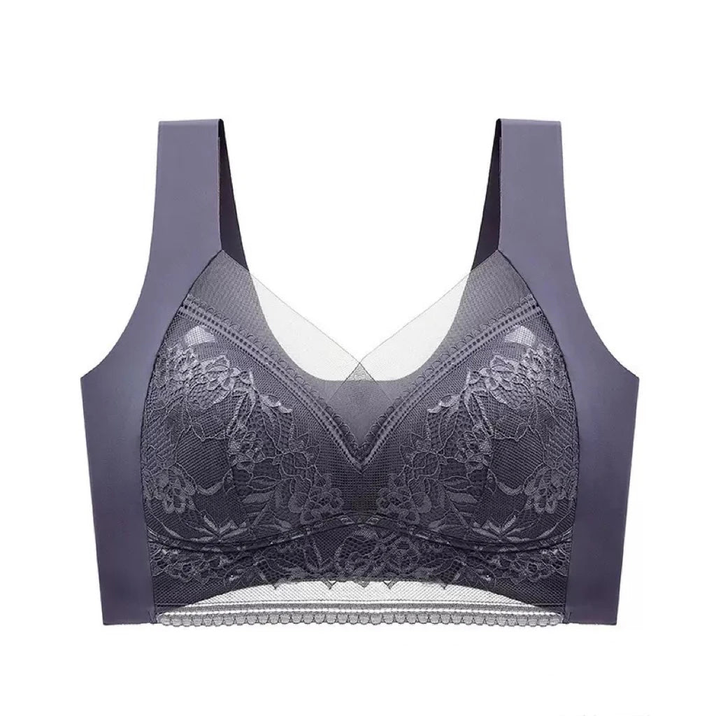 Plus Size Bra - Women's Lace Padded Comfort Bra With Ice Silk Fabric, Wire Free Support
