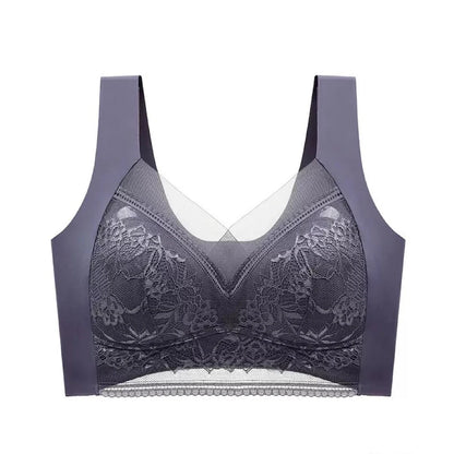 Plus Size Bra - Women's Lace Padded Comfort Bra With Ice Silk Fabric, Wire Free Support