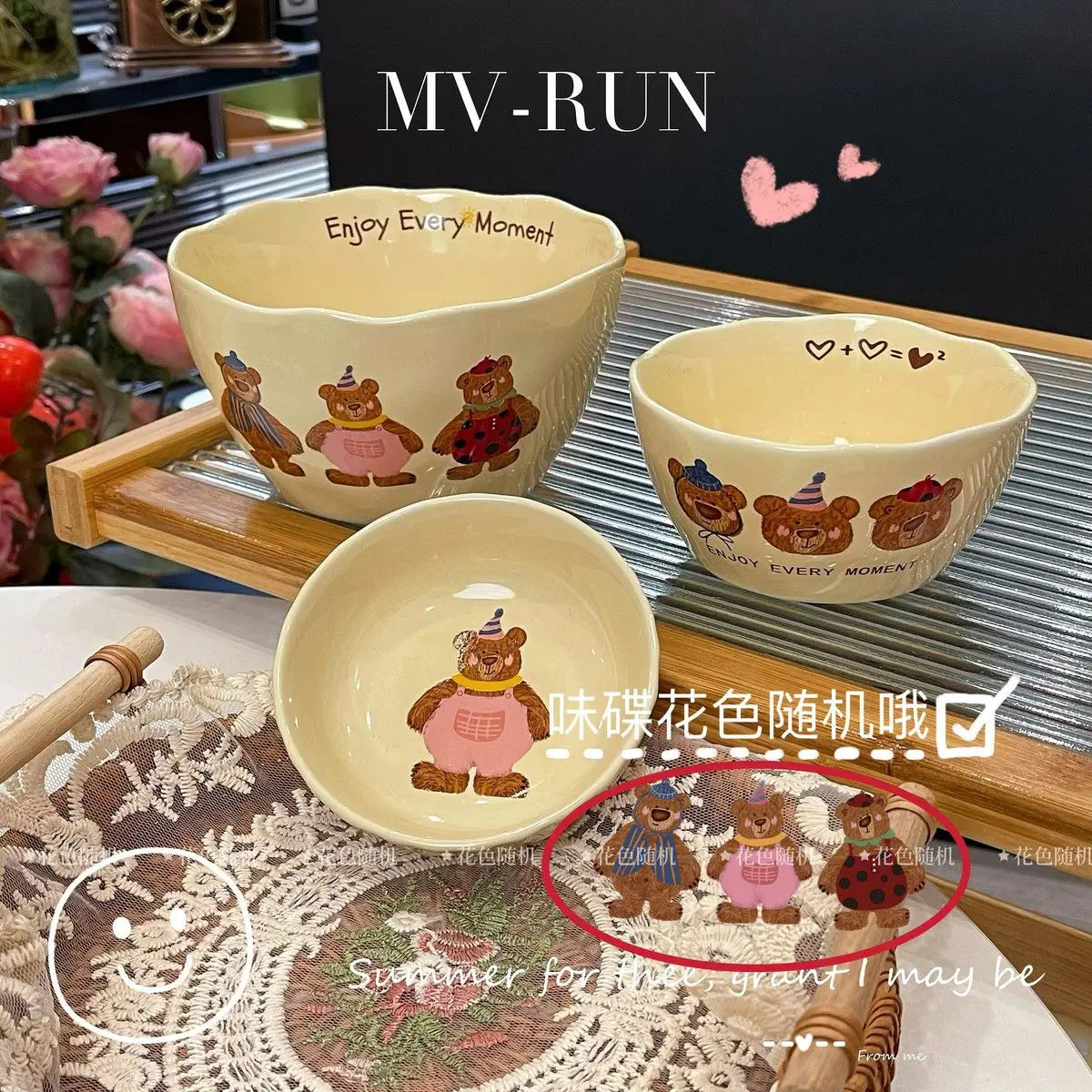 Korean Three Little Bear Cartoon Bowls - Cute Ceramic Tableware Set