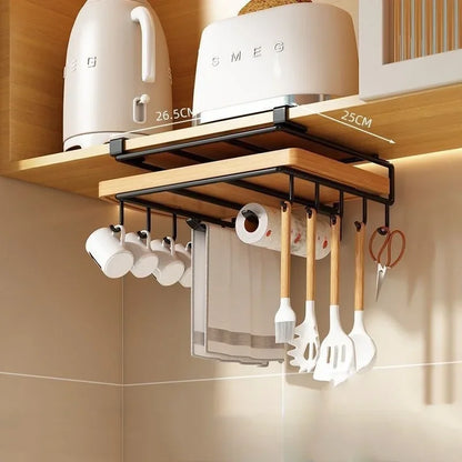 Under Cupboard Organizer Rack - Kitchen Storage Rack with Cutting Board Holder & Paper Towel Hanger