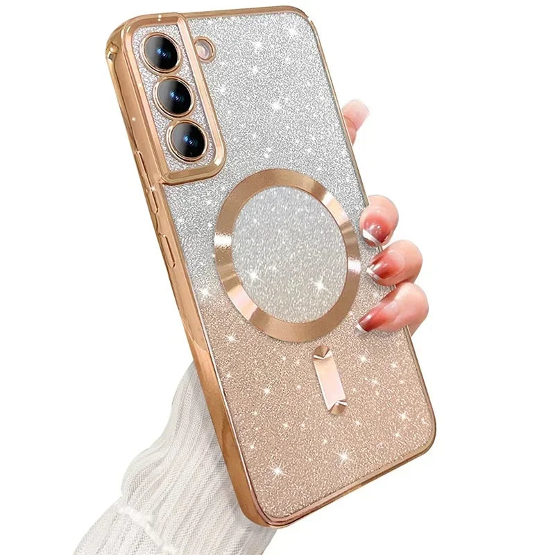 Glitter Magnetic Case For Samsung Galaxy S26 S24 Ultra S23 S22 S21 S25 Plus S20 FE A56 A55 A36 A17 Plating Wireless Bright Cover